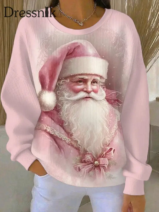 Damen Vintage rosa Weihnachten Santa Claus Print Casual Sweatshirt Rosa / S