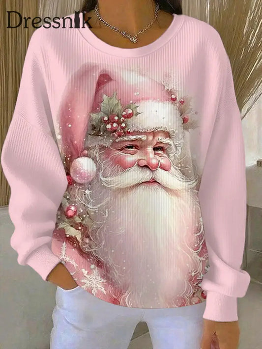 Damen Vintage rosa Weihnachten Santa Claus Print Casual Sweatshirt Rosa / S