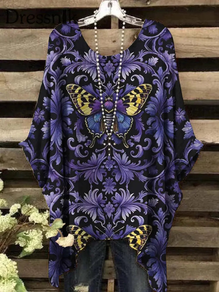 Damen Vintage Schmetterling Blumen druck Casual Top als bild / S