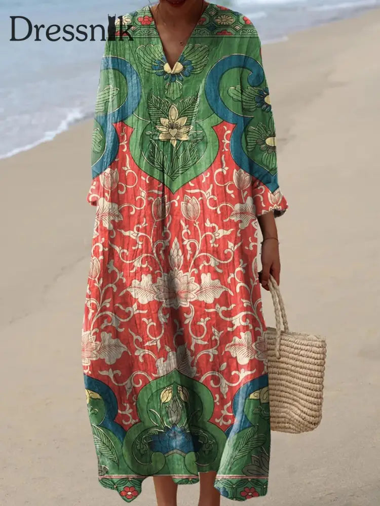 Damen Vintage schönes Kleid aus Baumwolle mit Blumen kunst druck Jacinth / S