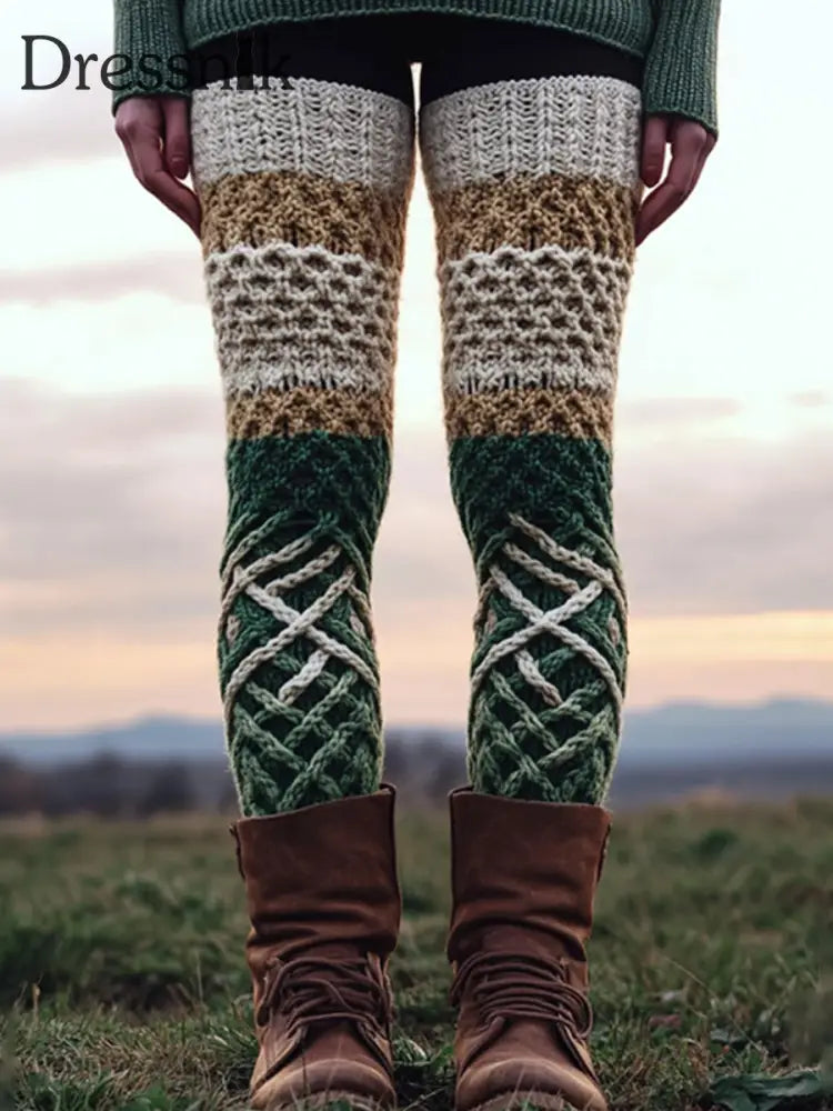 Damen Vintage St. Patrick’s Gradient Geometry Gemütliche Strick leggings Grün / S