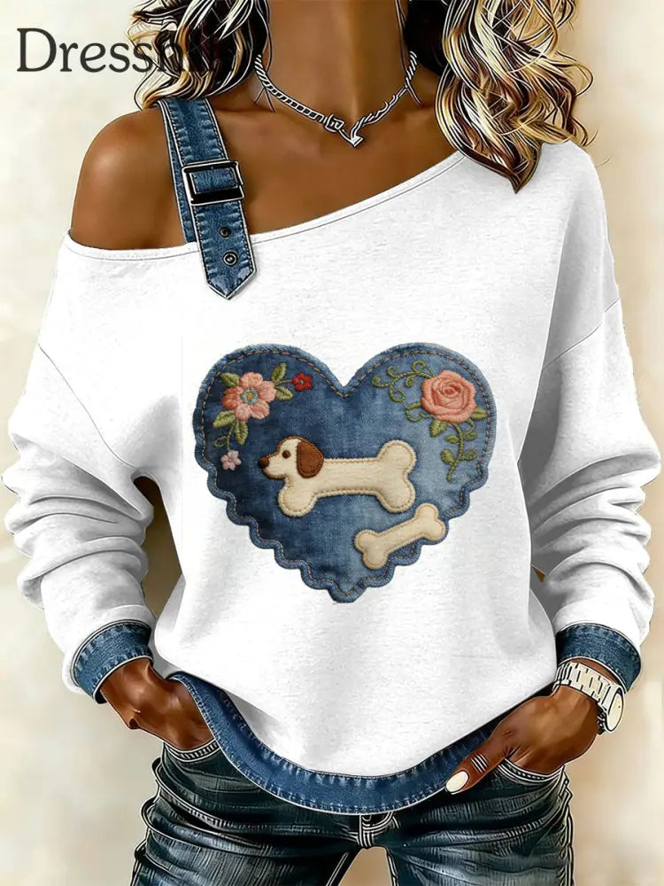 Damen Vintage Sweatshirt mit Herz-und Blumen druck lässig schulter frei als bild / S