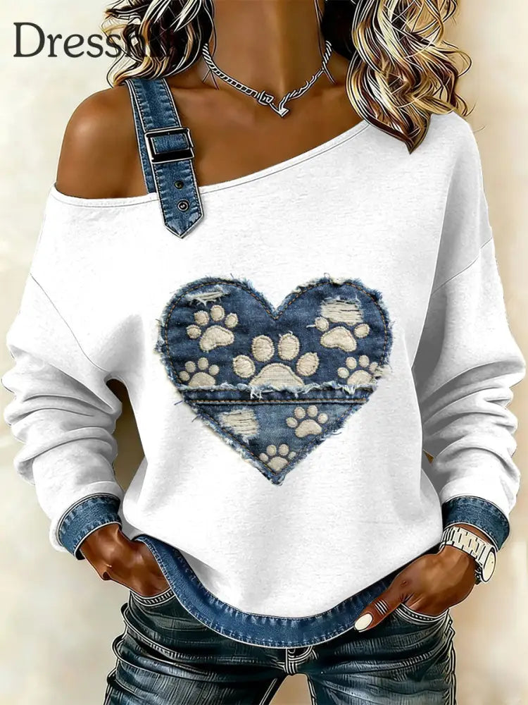 Damen-Vintage-Sweatshirt mit Herz-und Hunde-Pfoten druck lässig schulter frei als bild / S