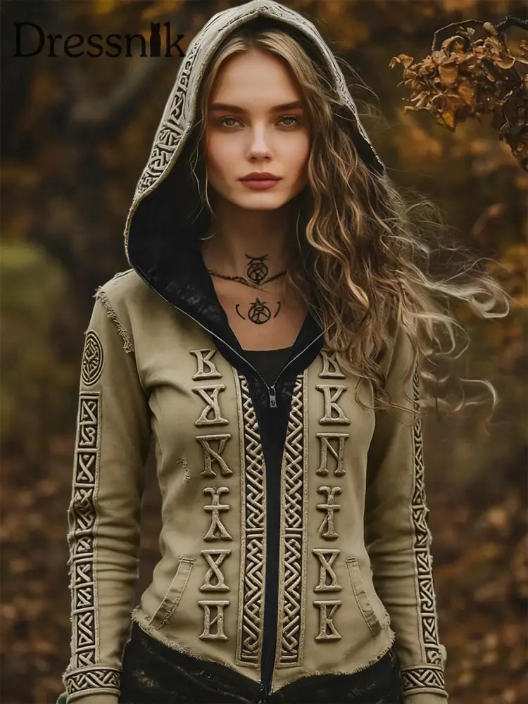 Damen Vintage Symmetrische Viking Rune Freizeit Kapuzen jacke mehrfarbig / S