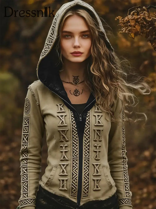 Damen Vintage Symmetrische Viking Rune Freizeit Kapuzen jacke mehrfarbig / S
