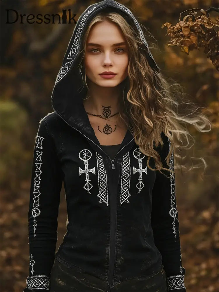 Damen Vintage Symmetrische Viking Totem Freizeit jacke mit Kapuze mehrfarbig / S