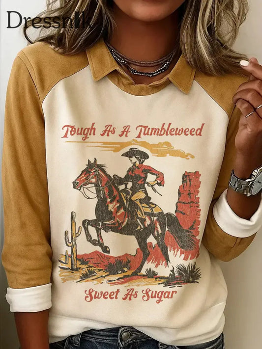 Damen Vintage Tough wie ein Tumbleweed süß wie Zucker Cowgirl und Pferd Print Casual Sweatshirt hellgelb / S