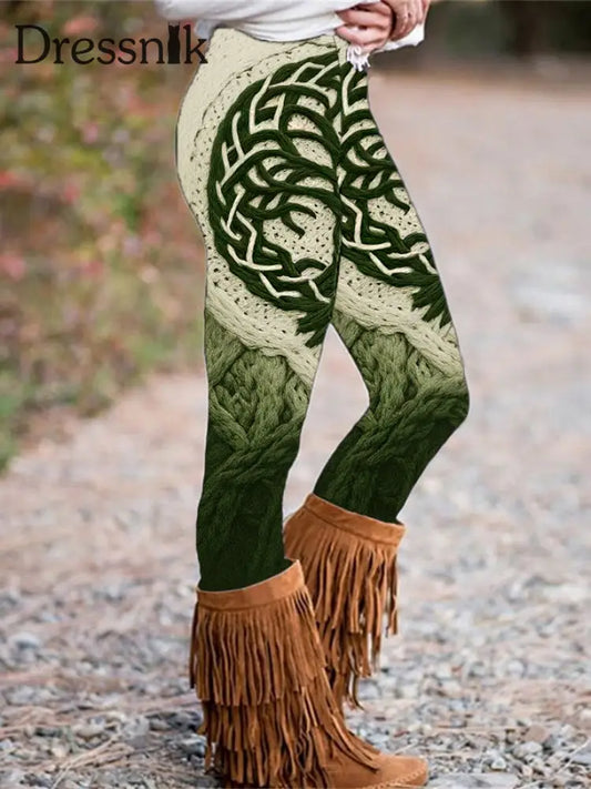 Damen Vintage Tree of Life Celtic Chunky Stricken Komfort Unterteile Grün / S