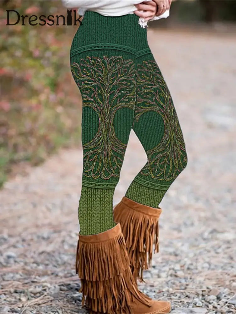 Damen Vintage Tree of Life Celtic Dick Nähte Bequeme Strick böden Grün / S