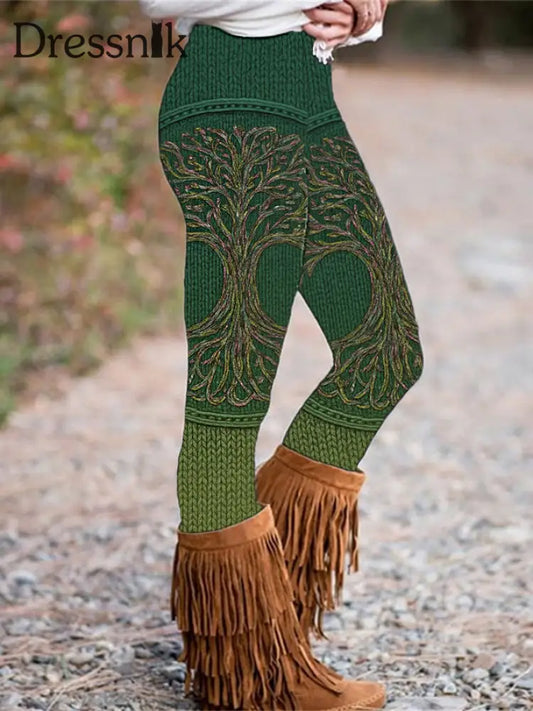 Damen Vintage Tree of Life Celtic Dick Nähte Bequeme Strick böden Grün / S