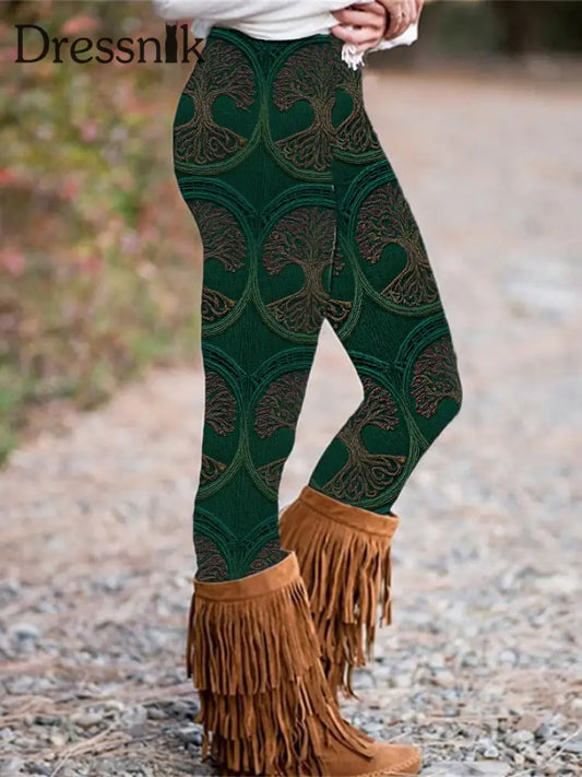 Damen Vintage Tree of Life Celtic Dick Nähte Bequeme Strick böden Grün / S