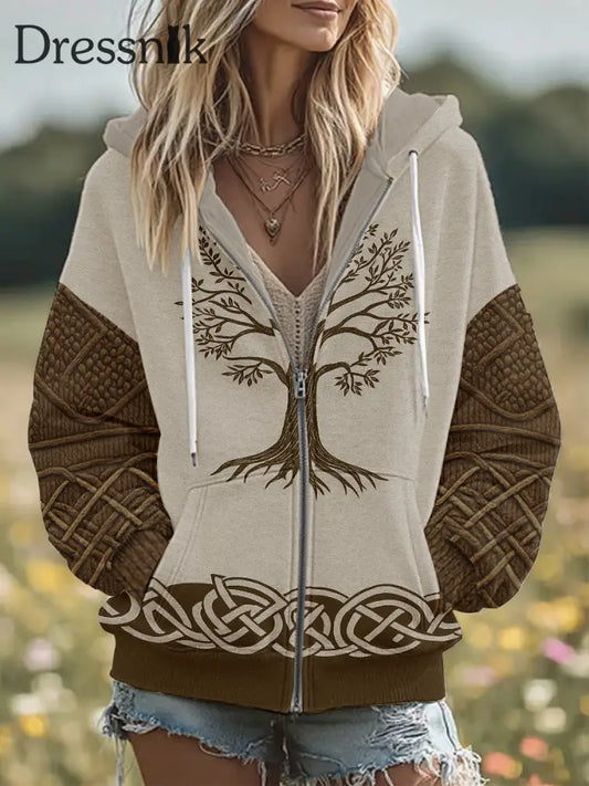 Damen Vintage Tree of Life Celtic Dick Nähte Komfortable Strick jacke mit Kapuze Braun / S