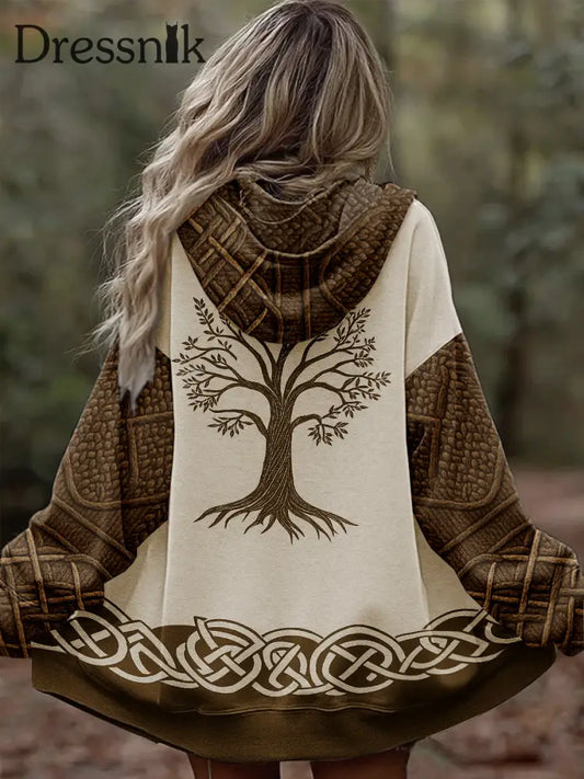 Damen Vintage Tree of Life Celtic Dick Nähte Komfortable Strick jacke mit Kapuze Braun / S