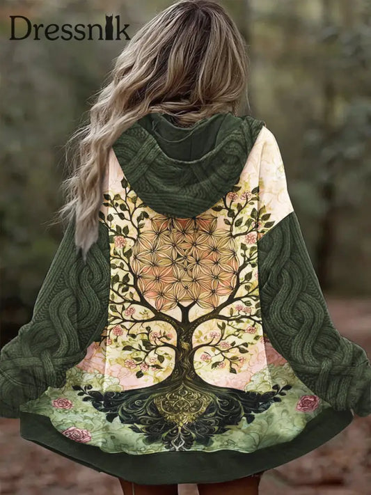 Damen Vintage Tree of Life Celtic Dick Nähte Komfortable Strick jacke mit Kapuze Grün / S