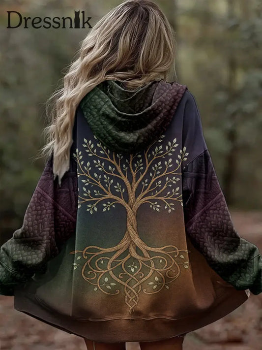 Damen Vintage Tree of Life Celtic Dick Nähte Komfortable Strick jacke mit Kapuze Lila / S