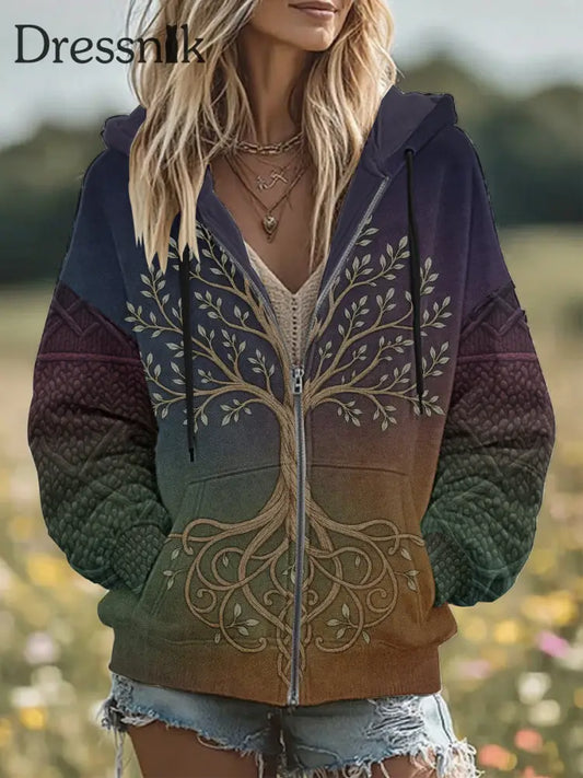 Damen Vintage Tree of Life Celtic Dick Nähte Komfortable Strick jacke mit Kapuze Lila / S