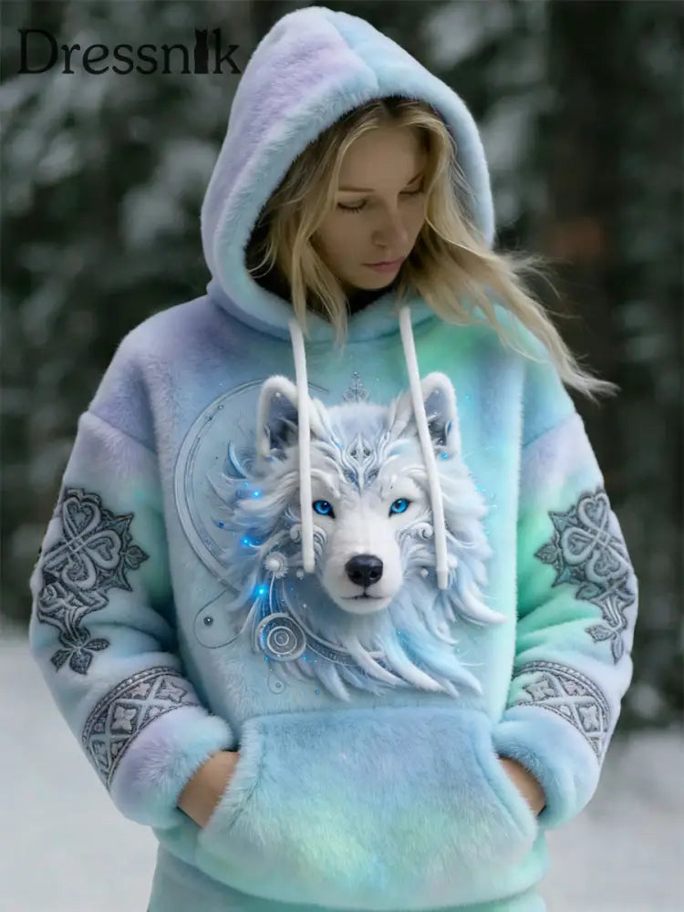 Damen Vintage Viking Aurora Wolf Totem Lässiger Flanell Hoodie mehrfarbig / S