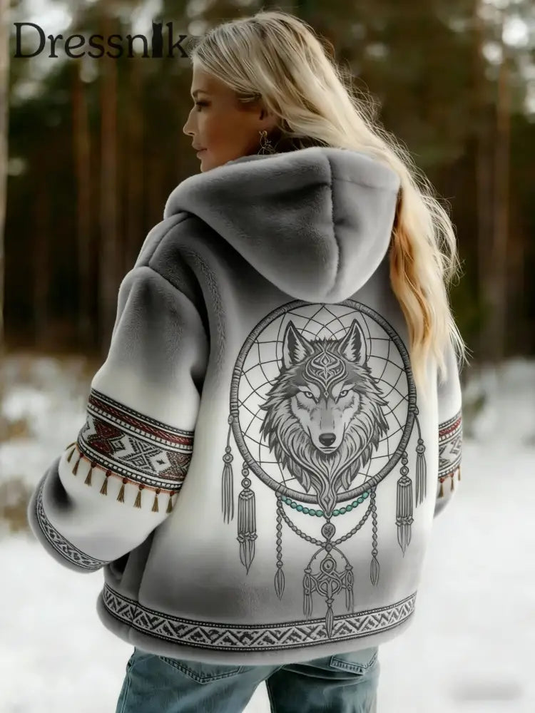 Damen Vintage Viking Celtic Knoten Wolf Print Steigung Flanell Jacke Grau / S