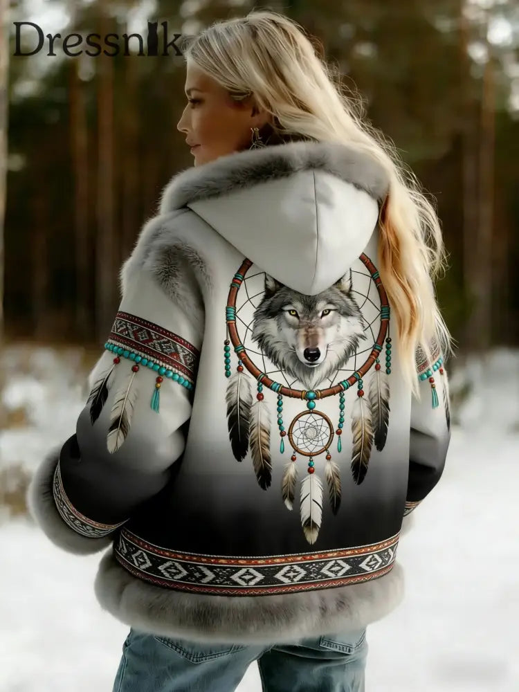 Damen Vintage Viking Celtic Knoten Wolf Print Steigung Flanell Jacke Grau / S