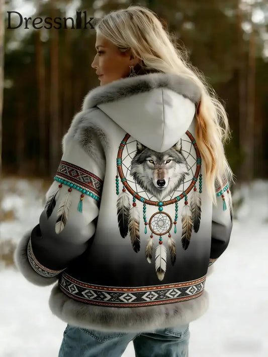 Damen Vintage Viking Celtic Knoten Wolf Print Steigung Flanell Jacke Grau / S