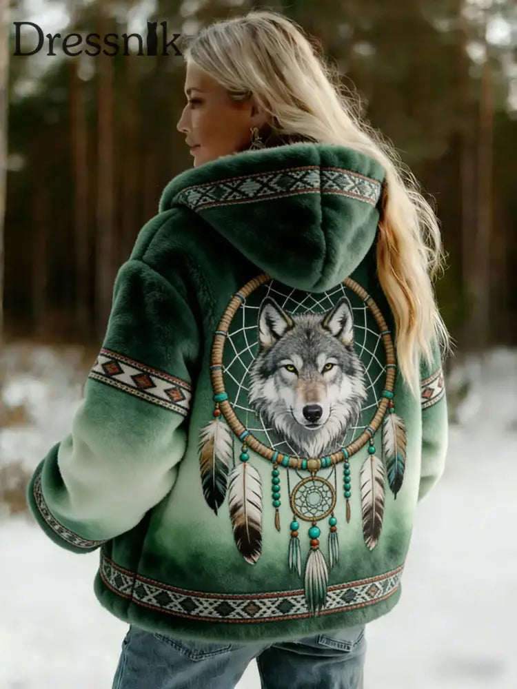 Damen Vintage Viking Celtic Knoten Wolf Print Steigung Flanell Jacke Grün / S