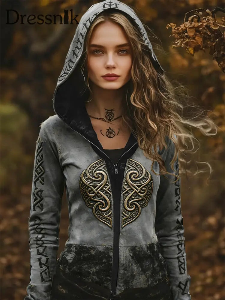 Damen Vintage Viking Totem Freizeit jacke mit Kapuze mehrfarbig / S