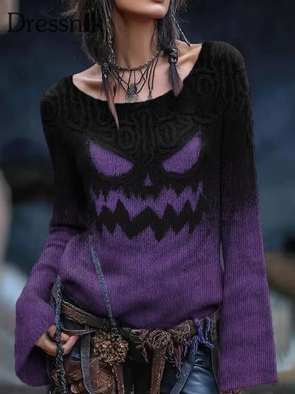 Damen Vintage Viking Tribal Keltischer Knoten Halloween Kürbis Gesichts druck Freizeit Pullover Lila / S