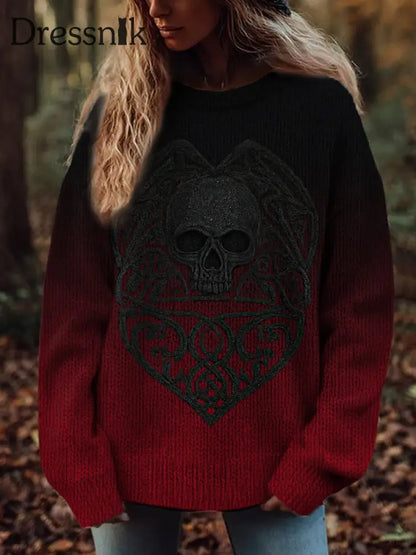 Damen Vintage Viking Tribal Keltischer Knoten Rose Skull Print Freizeit Pullover