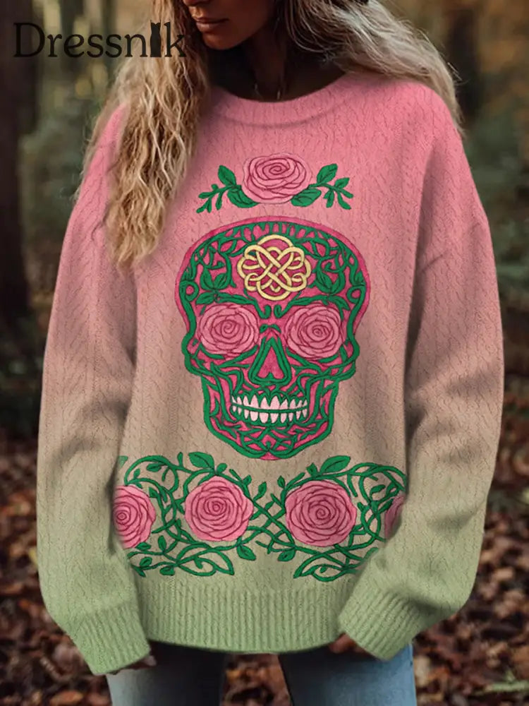 Damen Vintage Viking Tribal Keltischer Knoten Rose Skull Print Freizeit Pullover