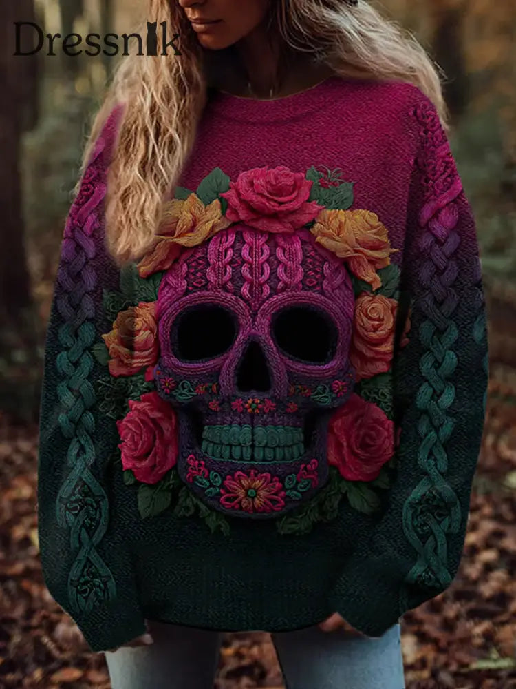 Damen Vintage Viking Tribal Keltischer Knoten Rose Skull Print Freizeit Pullover