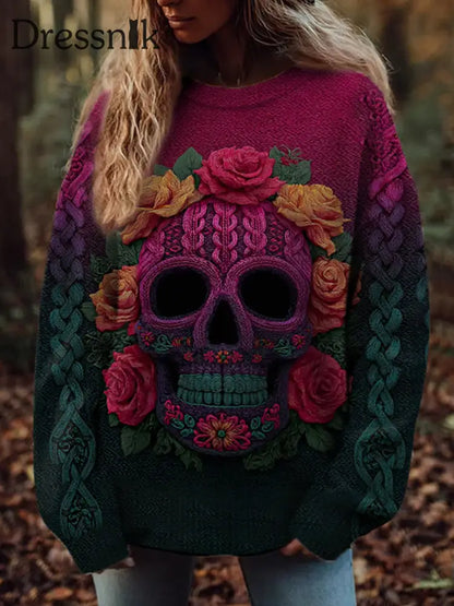 Damen Vintage Viking Tribal Keltischer Knoten Rose Skull Print Freizeit Pullover