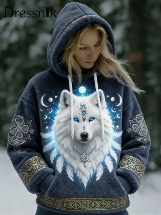 Damen Vintage Viking Wolf Totem Casual Flanell Hoodie mehrfarbig / S