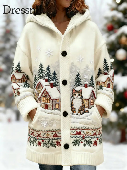 Damen Vintage Weihnachten niedliche Katze Schnee Szene Druck lässig mittellange Kapuzen strickjacke Cremig-Weiß / S