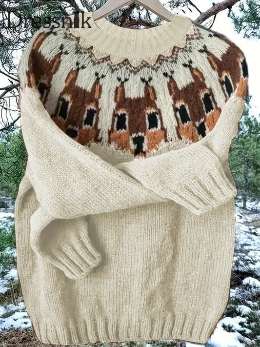 Damen Vintage Weihnachten Tier Kunst Druck Komfortable Freizeit Pullover A / S