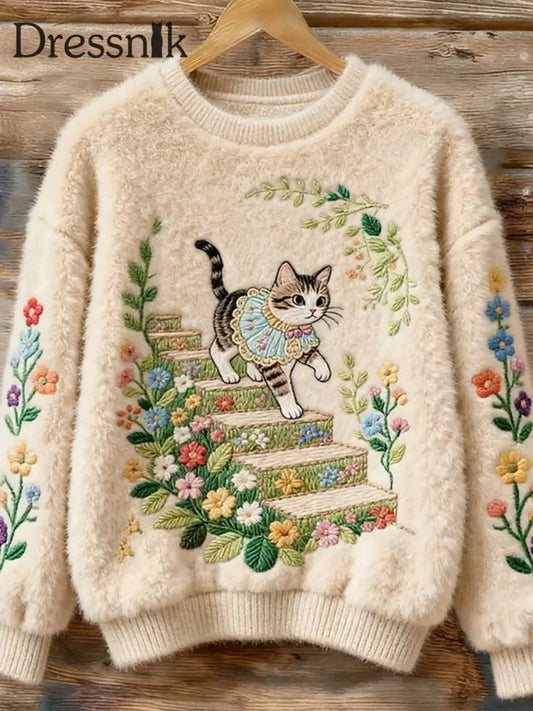 Damen Vintage Weihnachten Tier Kunst Druck Komfortable Freizeit Pullover A / S