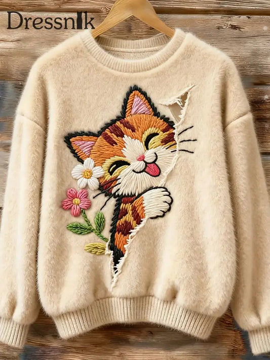 Damen Vintage Weihnachten Tier Kunst Druck Komfortable Freizeit Pullover A / S