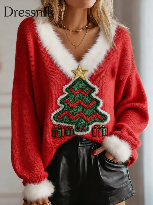 Damen Vintage Weihnachts baum lose lang ärmel ige Pullover mit Pelz besatz Rot / S