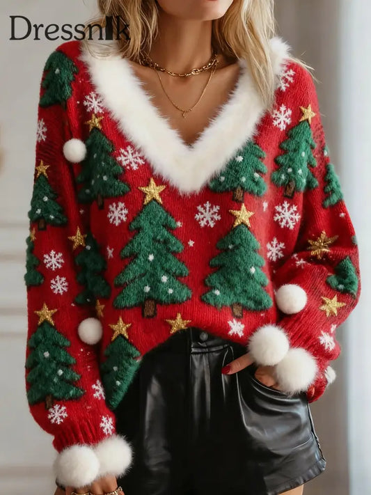 Damen Vintage Weihnachts baum lose lang ärmel ige Pullover mit Pelz besatz Rot / S