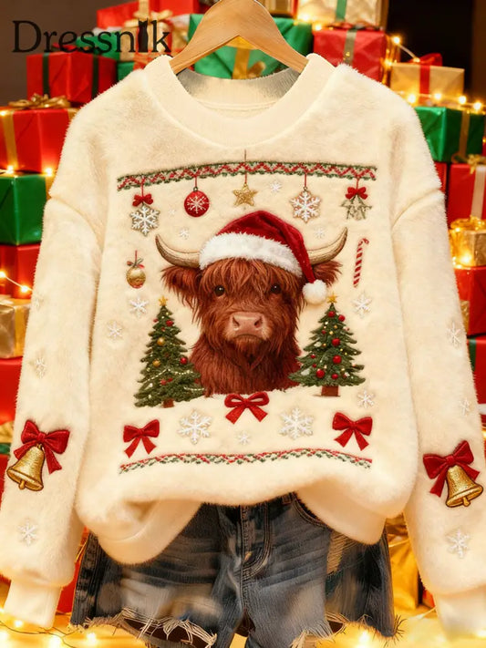 Damen Vintage Weihnachts-Highland-Rinder bedrucktes Flanell-Sweatshirt als bild / S