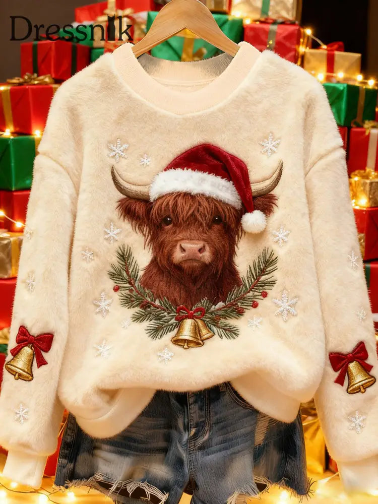 Damen Vintage Weihnachts-Highland-Rinder bedrucktes Flanell-Sweatshirt als bild / S