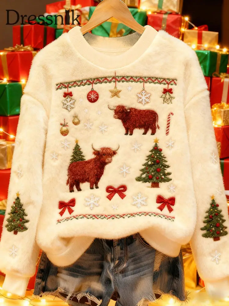 Damen Vintage Weihnachts-Highland-Rinder bedrucktes Flanell-Sweatshirt als bild / S