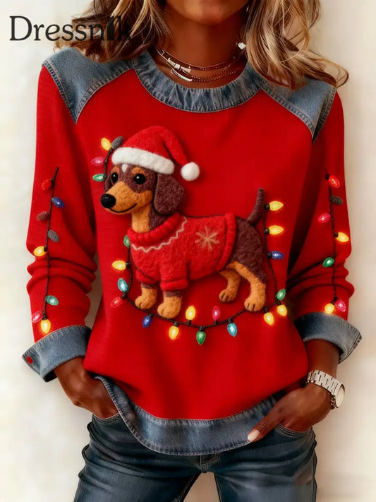 Damen Vintage Weihnachts hund Denim Patchwork Sweatshirt Rot / S