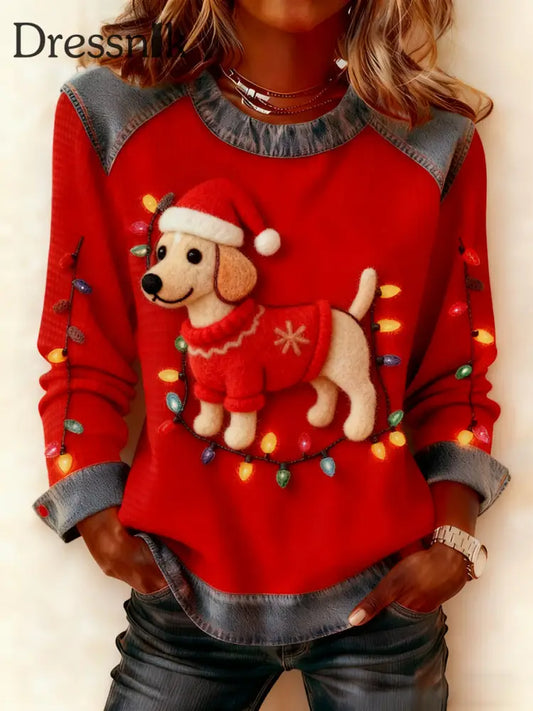 Damen Vintage Weihnachts hund Denim Patchwork Sweatshirt Rot / S