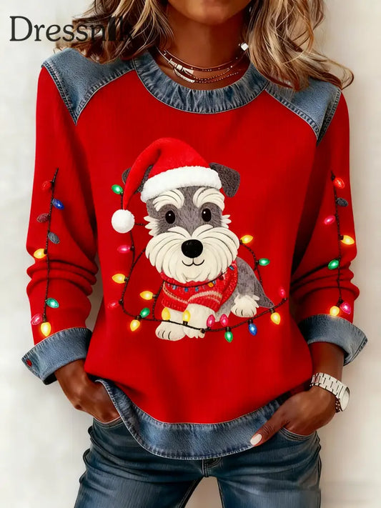 Damen Vintage Weihnachts hund Denim Patchwork Sweatshirt Rot / S