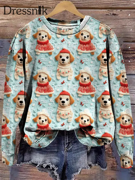 Damen Vintage Weihnachts Hunde Stickerei 3D Gedruckt Lose Basic Langarm Sweatshirt A / S