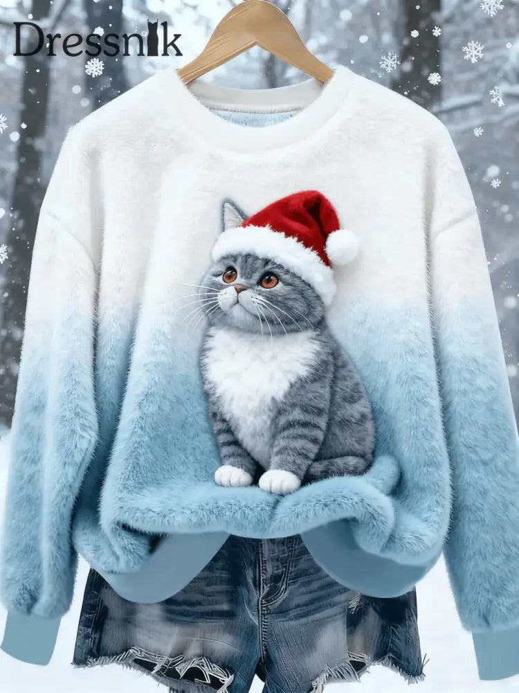 Damen Vintage Weihnachts katze bedrucktes Flanell-Sweatshirt als bild / S