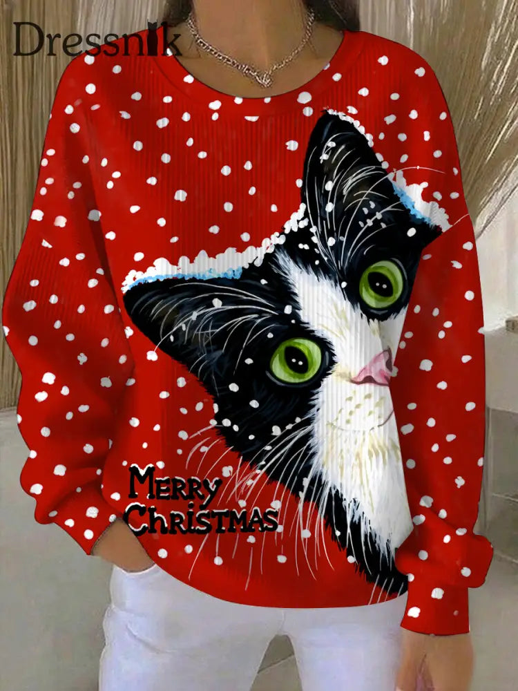 Damen Vintage Weihnachts katze bedrucktes Sweatshirt Rot / S
