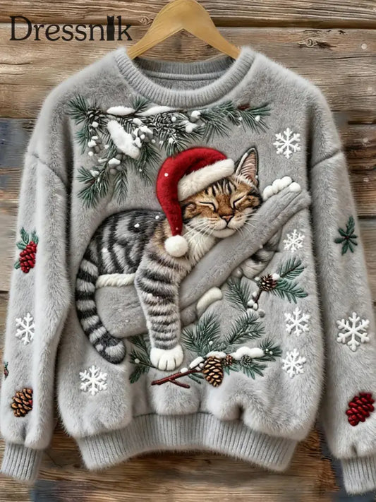 Damen Vintage Weihnachts kunstdruck Bequeme Freizeit pullover A / S