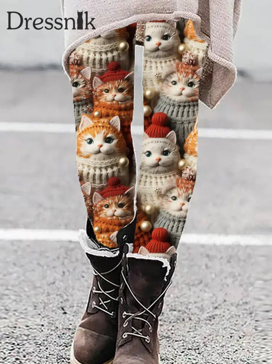 Damen Vintage Weihnachts-Leggings Mit Katzen Druck