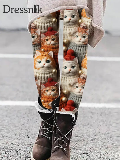 Damen Vintage Weihnachts-Leggings Mit Katzen Druck A / S